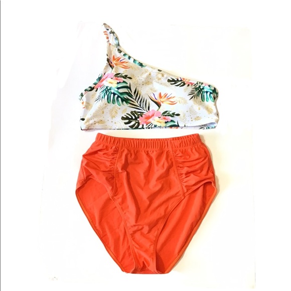 Shein Orange Floral One Shoulder High Waisted 2pc Bikini Set Size Large - Picture 5 of 10